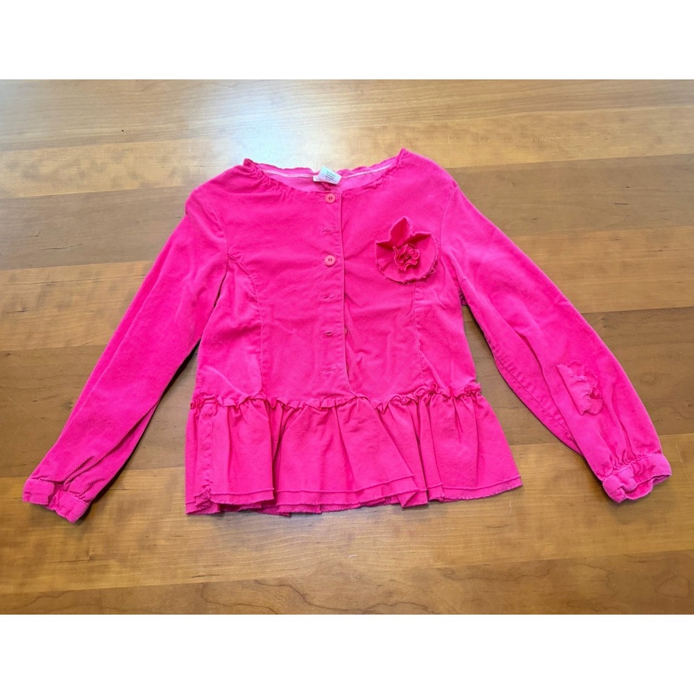 Cakewalk Girls Pink Solid Corduroy Button-Up Ruffle Flower Blouse Sz 5